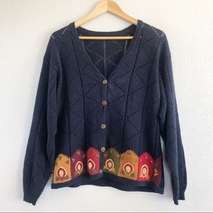 Vintage 90s Navy Blue Floral Cardigan Sweater